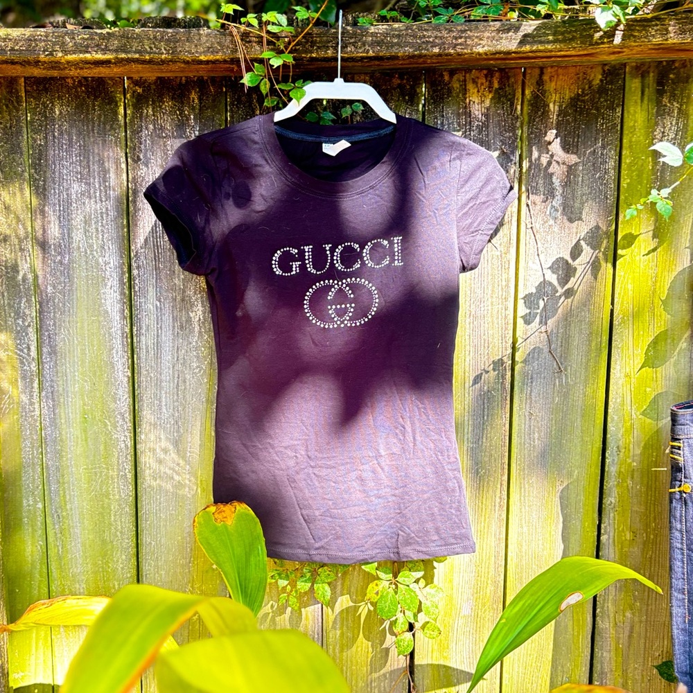 **NWOT** Black Fashioned T-Shirt with GUCCI Blinged Out on the front.